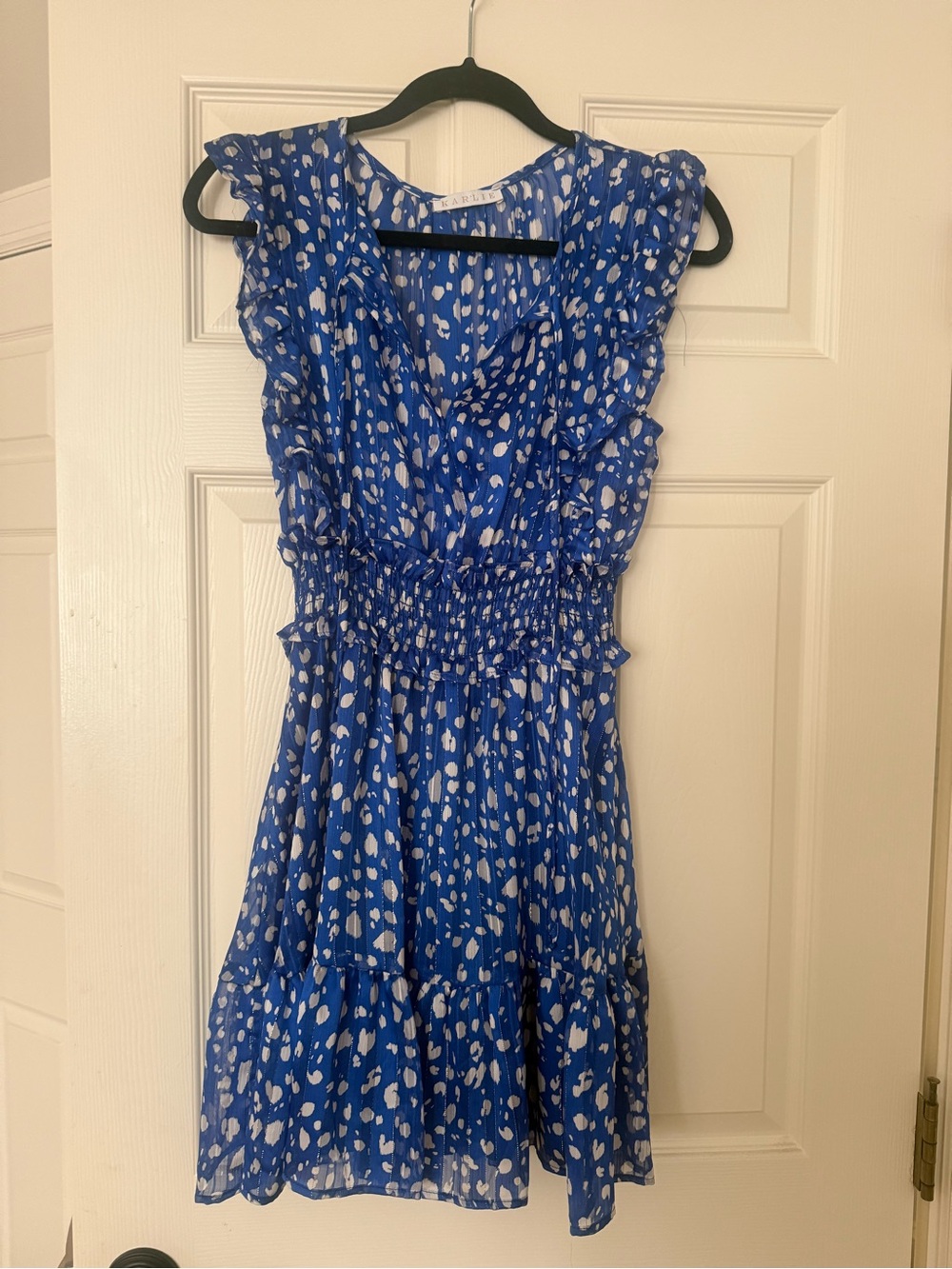 Karlie Blue and White Ruffle Sleeve Smocked Mini Dress